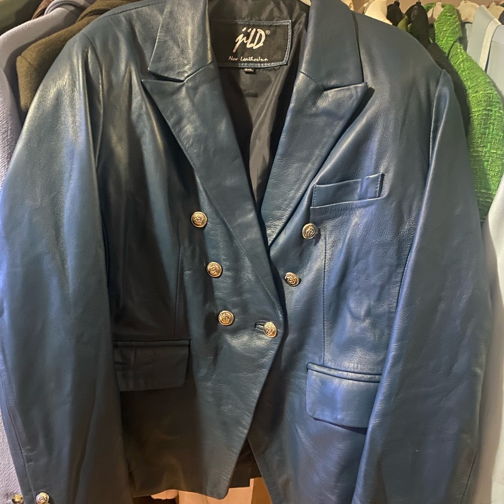 Blue Leather Women’s Double-Breasted Jacket Size 3X